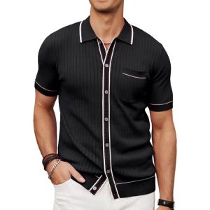 imagePJ PAUL JONES Mens Knit Shirts Vintage Retro Short Sleeve Button Down Vacation Polo ShirtsBlack