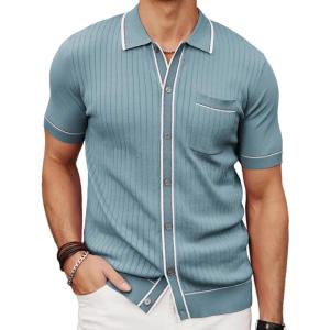 imagePJ PAUL JONES Mens Knit Shirts Vintage Retro Short Sleeve Button Down Vacation Polo ShirtsBlue