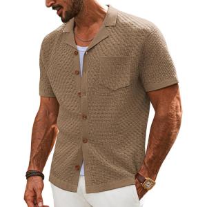 imagePJ PAUL JONES Mens Knit Shirts Vintage Retro Short Sleeve Button Down Vacation Polo ShirtsCamel37