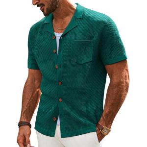 imagePJ PAUL JONES Mens Knit Shirts Vintage Retro Short Sleeve Button Down Vacation Polo ShirtsGreen37