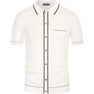 imagePJ PAUL JONES Mens Knit Shirts Vintage Retro Short Sleeve Button Down Vacation Polo ShirtsIvory