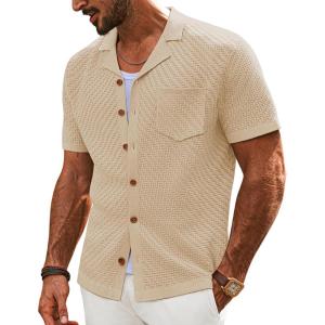 imagePJ PAUL JONES Mens Knit Shirts Vintage Retro Short Sleeve Button Down Vacation Polo ShirtsLight Apricot37