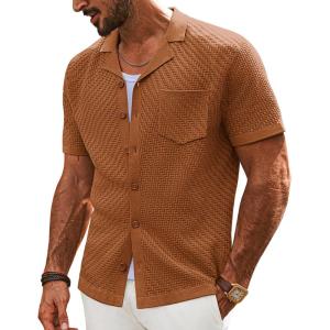 imagePJ PAUL JONES Mens Knit Shirts Vintage Retro Short Sleeve Button Down Vacation Polo ShirtsRed Coffee37