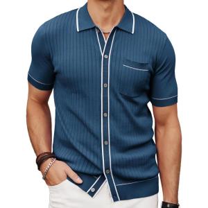 imagePJ PAUL JONES Mens Knit Shirts Vintage Retro Short Sleeve Button Down Vacation Polo ShirtsRoyal Blue