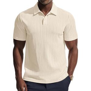 imagePJ PAUL JONES Men Polo Shirts Short Sleeve Textured Knit Polo Collared Golf Polo ShirtBeige