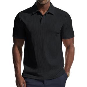 imagePJ PAUL JONES Men Polo Shirts Short Sleeve Textured Knit Polo Collared Golf Polo ShirtBlack