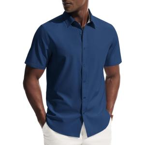 imagePJ PAUL JONES Mens Short Sleeve Dress Shirts Stretch Wrinke Free Untucked Business Casual Button Down Shirt Regular FitDark Blue
