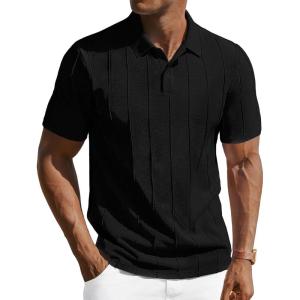 image:imagePJ PAUL JONES Mens Knit Polo Shirts Short Sleeve Textured Polo Golf Collared Shirt Casual Vacation Fashion TopsBlack