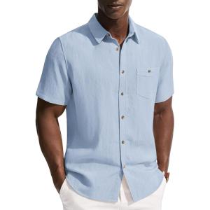 image:imagePJ PAUL JONES Mens Linen Shirts Short Sleeve Button Down Shirt Wrinkle Free Dress Shirt Casual Summer Shirt with PocketBlue