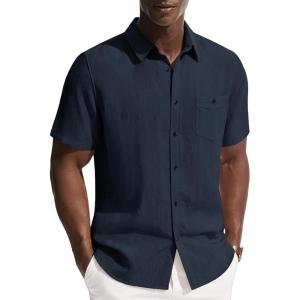 image:imagePJ PAUL JONES Mens Linen Shirts Short Sleeve Button Down Shirt Wrinkle Free Dress Shirt Casual Summer Shirt with PocketNavy Blue