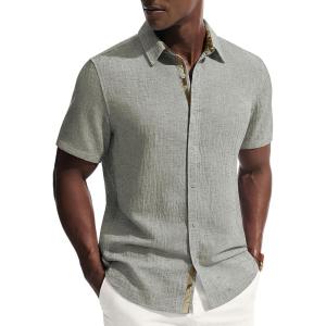 image:imagePJ PAUL JONES Mens Short Sleeve Button Down Shirt Casual Linen Summer Beach Wedding Dress ShirtGray Green