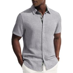 image:imagePJ PAUL JONES Mens Short Sleeve Button Down Shirt Casual Linen Summer Beach Wedding Dress ShirtSilver Gray