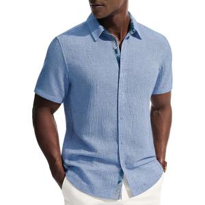 image:imagePJ PAUL JONES Mens Short Sleeve Button Down Shirt Casual Linen Summer Beach Wedding Dress ShirtSky Blue
