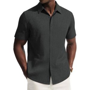 image:imagePJ PAUL JONES Mens Short Sleeve Button Down Shirt Casual Summer Shirts Textured Beach Vacation Shirts for MenBlack