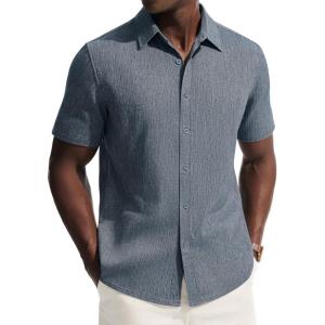 image:imagePJ PAUL JONES Mens Short Sleeve Button Down Shirt Casual Summer Shirts Textured Beach Vacation Shirts for MenDenim Blue