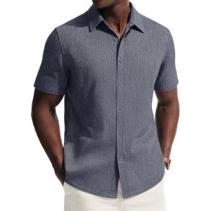 image:imagePJ PAUL JONES Mens Short Sleeve Button Down Shirt Casual Summer Shirts Textured Beach Vacation Shirts for MenGray Blue