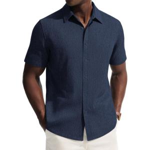 image:imagePJ PAUL JONES Mens Short Sleeve Button Down Shirt Casual Summer Shirts Textured Beach Vacation Shirts for MenNavy