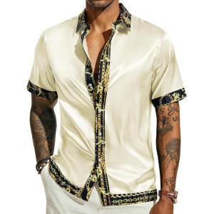 image:imagePJ PAUL JONES Mens Short Sleeve Button Down Shirts Casual Stretch Satin Silk Hawaiian Beach ShirtApricot