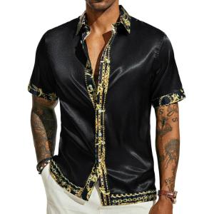 image:imagePJ PAUL JONES Mens Short Sleeve Button Down Shirts Casual Stretch Satin Silk Hawaiian Beach ShirtBlack