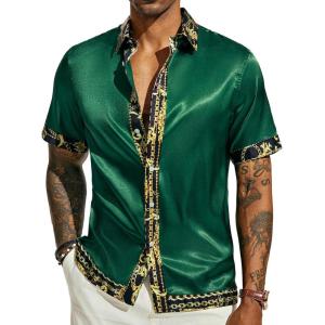 image:imagePJ PAUL JONES Mens Short Sleeve Button Down Shirts Casual Stretch Satin Silk Hawaiian Beach ShirtDark Green