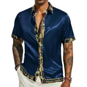 image:imagePJ PAUL JONES Mens Short Sleeve Button Down Shirts Casual Stretch Satin Silk Hawaiian Beach ShirtNavy Blue