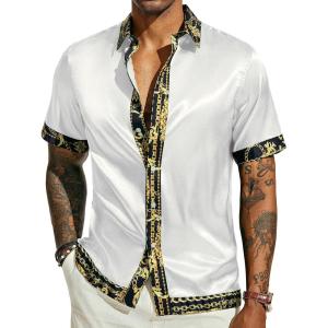 image:imagePJ PAUL JONES Mens Short Sleeve Button Down Shirts Casual Stretch Satin Silk Hawaiian Beach ShirtWhite