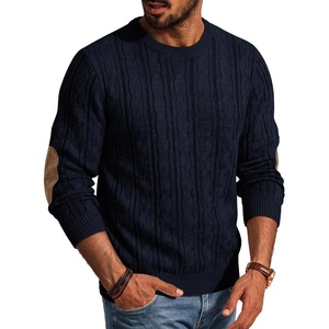 image:imagePJ PAUL JONES Mens Sweater Cable Knit Pullover Elbow Suede Patch  Classic Twist Textured Crew Neck Solid Color Long Sleeve Casual Vintage Look Fall Winter Tops Suitable for Daily WorkNavy Blue