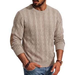 image:imagePJ PAUL JONES Mens Sweater Cable Knit Pullover Elbow Suede Patch  Classic Twist Textured Crew Neck Solid Color Long Sleeve Casual Vintage Look Fall Winter Tops Suitable for Daily WorkBeige