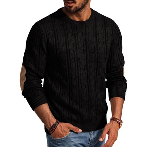 image:imagePJ PAUL JONES Mens Sweater Cable Knit Pullover Elbow Suede Patch  Classic Twist Textured Crew Neck Solid Color Long Sleeve Casual Vintage Look Fall Winter Tops Suitable for Daily WorkBlack