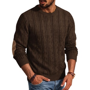 image:imagePJ PAUL JONES Mens Sweater Cable Knit Pullover Elbow Suede Patch  Classic Twist Textured Crew Neck Solid Color Long Sleeve Casual Vintage Look Fall Winter Tops Suitable for Daily WorkCoffee