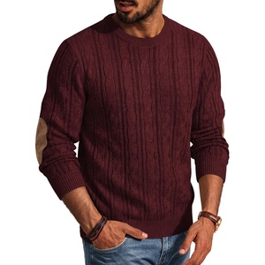 image:imagePJ PAUL JONES Mens Sweater Cable Knit Pullover Elbow Suede Patch  Classic Twist Textured Crew Neck Solid Color Long Sleeve Casual Vintage Look Fall Winter Tops Suitable for Daily WorkBurgundy