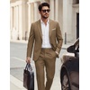 image:imagePJ PAUL JONES Mens Suit 2 Piece Classic Fit Suit Set Business Dress Tuxedo  Two Button Soft Stretch Fabric Adjustable Waist Belt Blazer Jacket Pant Set Suit for Wedding Prom Party Machine WashableKhaki