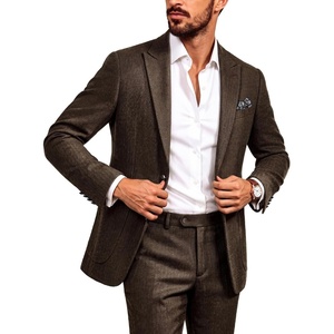 image:imagePJ PAUL JONES Mens 2 Piece Suits Wool Blend Tweed Herringbone Suit Set  Vintage Casual Suits for Men Peak Lapel Blazer Pants Set Sport Coat with Pocket Square Mens Suits for Wedding Prom WorkBrown