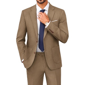 image:imagePJ PAUL JONES Mens Suit 2 Piece Classic Fit Suit Set Business Dress Tuxedo  Two Button Soft Stretch Fabric Adjustable Waist Belt Blazer Jacket Pant Set Suit for Wedding Prom Party Machine WashableKhaki