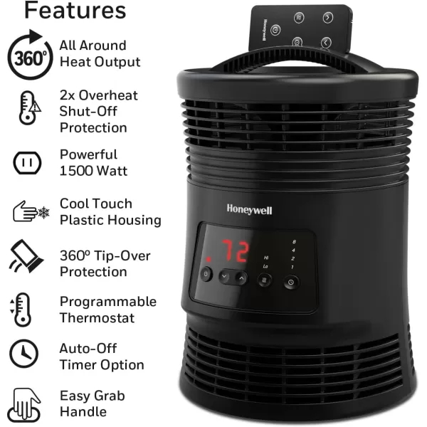 Honeywell 360 Degree Surround Fan Forced Heater for Home, Bedroom, or Office. Energy Efficient Portable Heater with Adjustable Thermostat, 2 Heat Settings - Black, HHF370B