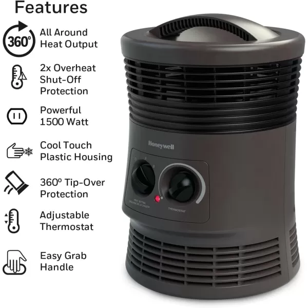 Honeywell 360 Degree Surround Fan Forced Heater for Home, Bedroom, or Office. Energy Efficient Portable Heater with Adjustable Thermostat, 2 Heat Settings - Black, HHF370B