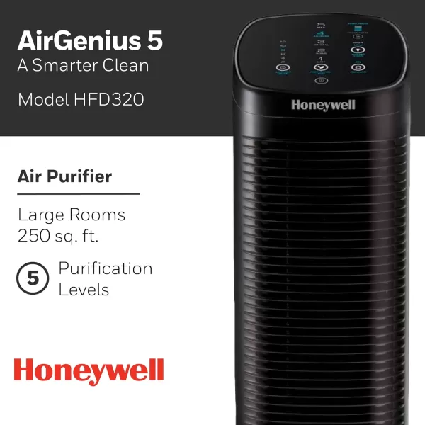 Honeywell Air Genius 5 Air Purifier with Permanent, Washable Filter, for Large Rooms, Reduces Smoke, Wildfire Smoke, Dust, Pollen, Pet Dander and More, Black, HFD320