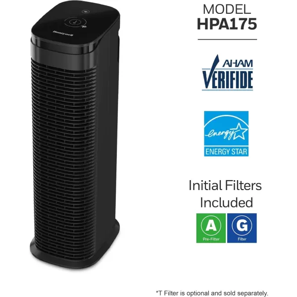 Honeywell AllergenPlus Series Compact HEPA Air Purifier Tower, Allergen Reducer for Large Rooms , Black - Wildfire/Smoke, Pollen, Pollen, Pet Dander &amp; Dust Air Purifier, HPA175