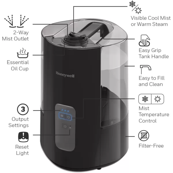 Honeywell Dual Comfort Cool + Warm Mist humidifier. Humidifier for bedroom, office, living room and home. Provides temporary relief from dry air discomforts - Black, HWC775B