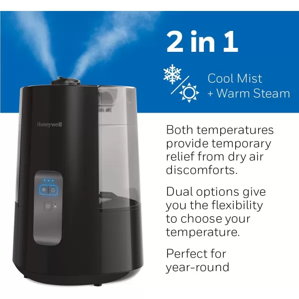Honeywell Dual Comfort Cool + Warm Mist humidifier. Humidifier for bedroom, office, living room and home. Provides temporary relief from dry air discomforts - Black, HWC775B