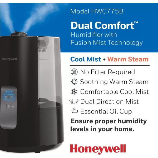 Honeywell Dual Comfort Cool + Warm Mist humidifier. Humidifier for bedroom, office, living room and home. Provides temporary relief from dry air discomforts - Black, HWC775B