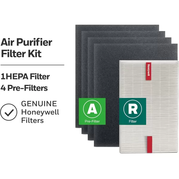 Honeywell HEPA Air Purifier Filter Kit – Includes 1 HEPA R Replacement Filter and 4 A Carbon Pre-Cut Pre-Filters – Airborne Allergen Air Filter Targets Wildfire/Smoke, Pollen, Pet Dander, and Dust