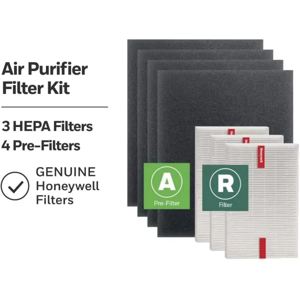 Honeywell HEPA Air Purifier Filter Kit – Includes 3 HEPA R Replacement Filters and 4 A Carbon Pre-Cut Pre-Filters – Airborne Allergen Air Filter Targets Wildfire/Smoke, Pollen, Pet Dander, and Dust