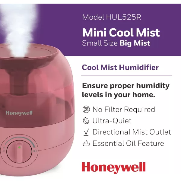 Honeywell Mini Cool Mist humidifier, Easy to Fill and Clean, humidifier for small Bedroom, Kids Rooms, or office. Ultra Quiet Operation and Auto Shut-Off - Rose, HUL525R