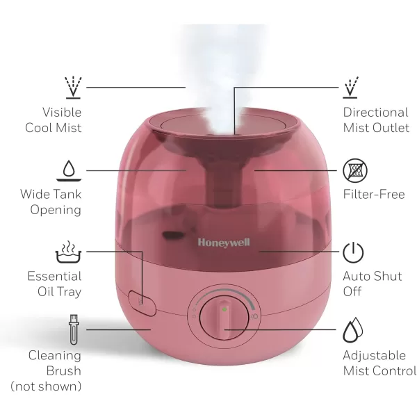 Honeywell Mini Cool Mist humidifier, Easy to Fill and Clean, humidifier for small Bedroom, Kids Rooms, or office. Ultra Quiet Operation and Auto Shut-Off - Rose, HUL525R