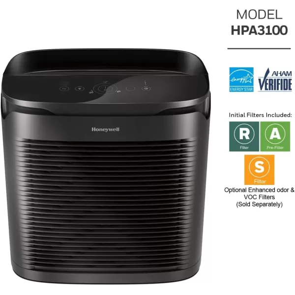 Honeywell PowerPlus HEPA Air Purifier for Home, Medium-Large Rooms, Reduces Allergens, Smoke, Wildfire Smoke, Pollen, Pet Dander and More, Black, HPA3100