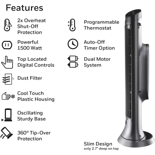 Honeywell Safeguard Motion Sensor Ceramic Space Heater, Large Room, Black –Ceramic Heater with Two Heat Settings and Slim Tower Design