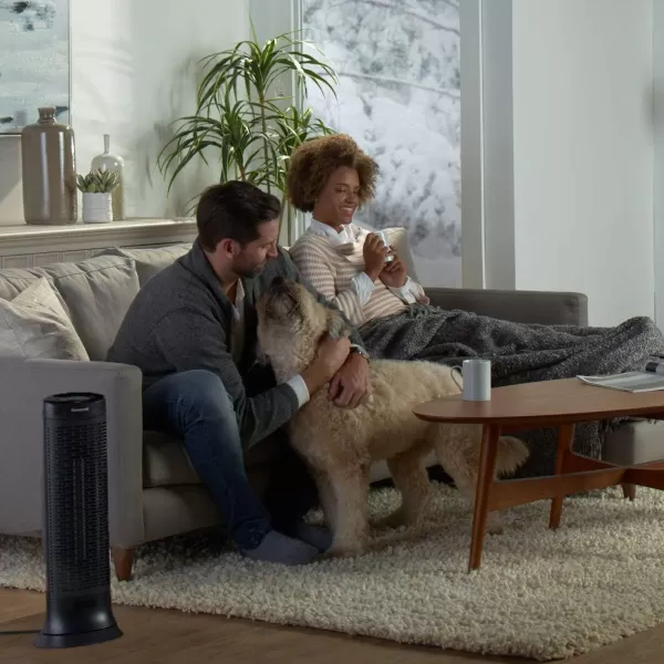 Honeywell Safeguard Motion Sensor Ceramic Space Heater, Large Room, Black –Ceramic Heater with Two Heat Settings and Slim Tower Design