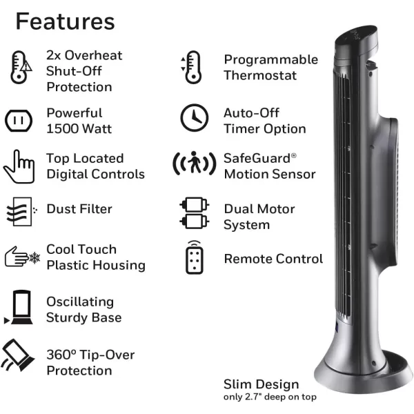 Honeywell Safeguard Motion Sensor Ceramic Space Heater, Large Room, Black –Ceramic Heater with Two Heat Settings and Slim Tower Design)