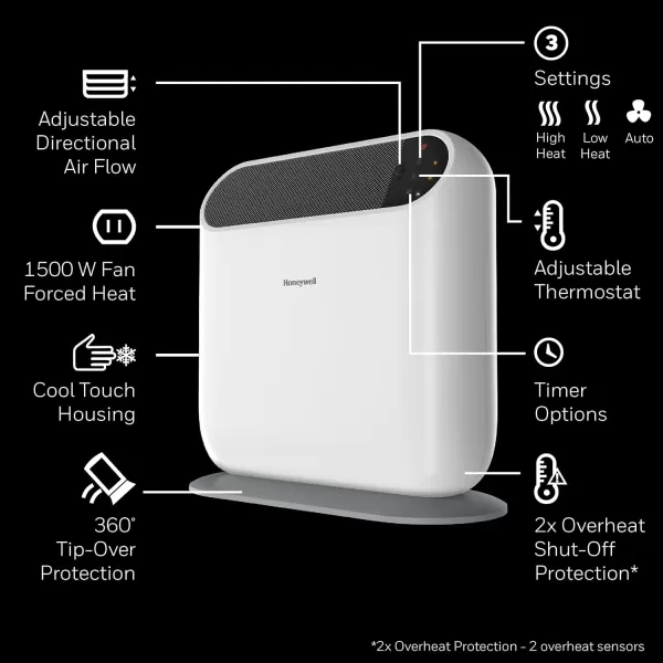 Honeywell ThermaWave 6 Ceramic Technology Space Heater for indoor use. 1500W Heater with Programmable Thermostat with timer options for Bedroom, Rooms or Home - White